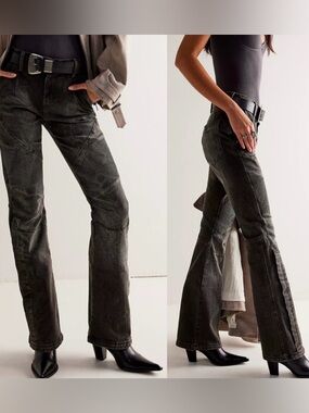 FREE PEOPLE We The Free Vector Moto Mid Rise Flare Jeans With A Black Wash 🔥